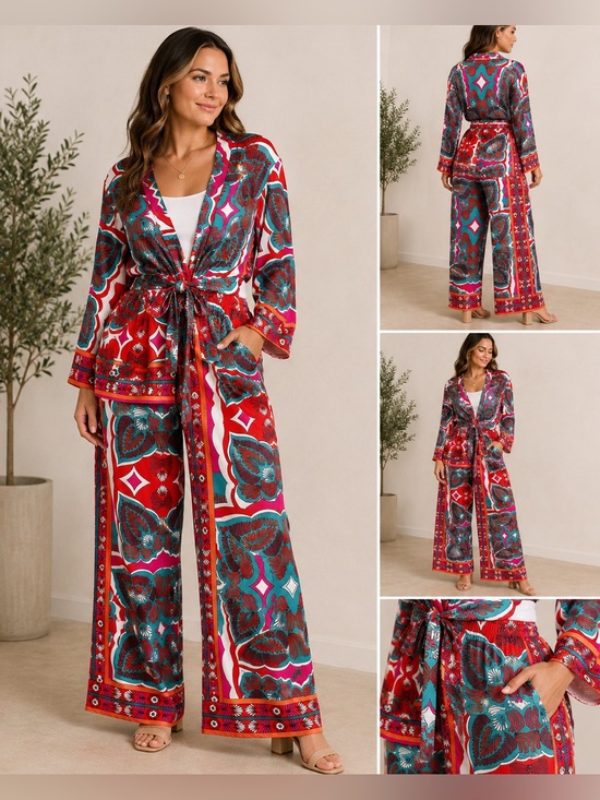 Halfheart Other - HALFHEART 2-Piece Printed Kimono & Wide-Leg Pants Set L Colorful Resort